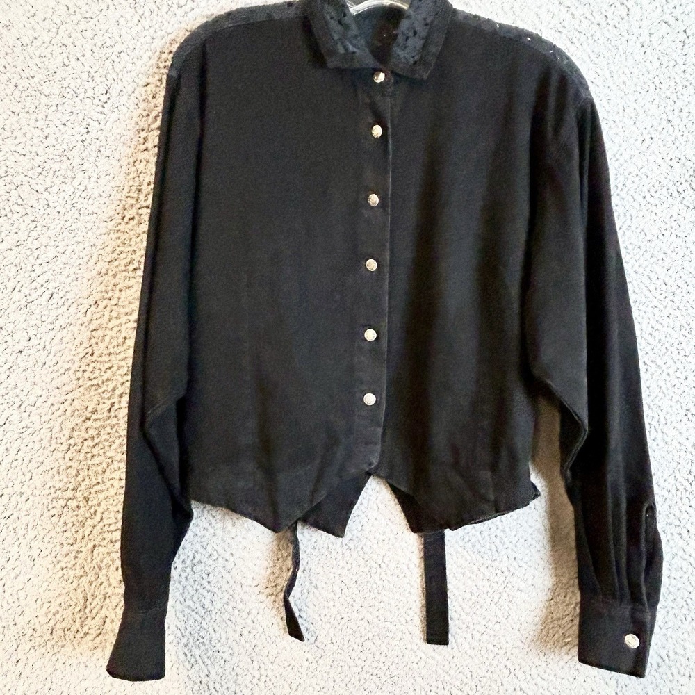 Vintage 90s Wrangler Womens Denim Jacket Medium Black Lace Back Western Cowboy